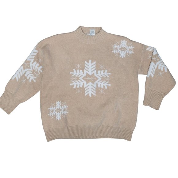 main stripe tan white snowflake heavy sweater fuzzy warm size medium - Picture 2 of 5